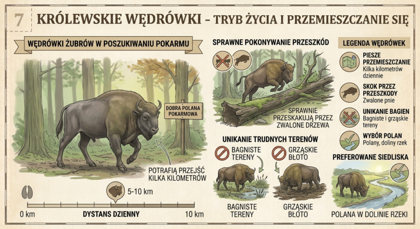 Żubry potrafią przejść kilka kilometrów odwiedzając miejsca z większą ilością dobrego pokarmu o danej porze roku. Jeśli muszą to sprawnie przeskakują przez zwalone drzewa. Nie lubią zapuszczać się na tereny bagien czy grząskiego błota, wolą polany w dolinach rzek.