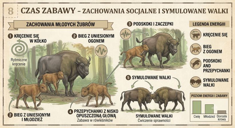 Młode żubry poświęcają dużo czasu na zabawy. Kręcą się w kółko, biegają z uniesionym ogonem, podskakują, zaczepiają starsze żubry. Wśród rówieśników przepychają się z nisko opuszczonymi głowami. Młode żubry prowadzą symulowane walki, ćwicząc tak swoją sprawność.